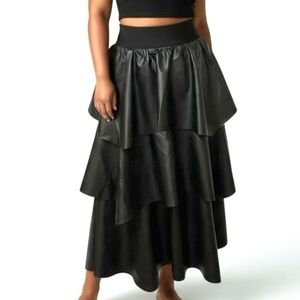 NWT G By Giuliana Skirt Black Label Faux Leather Tiered Ruffle 6 Maxi